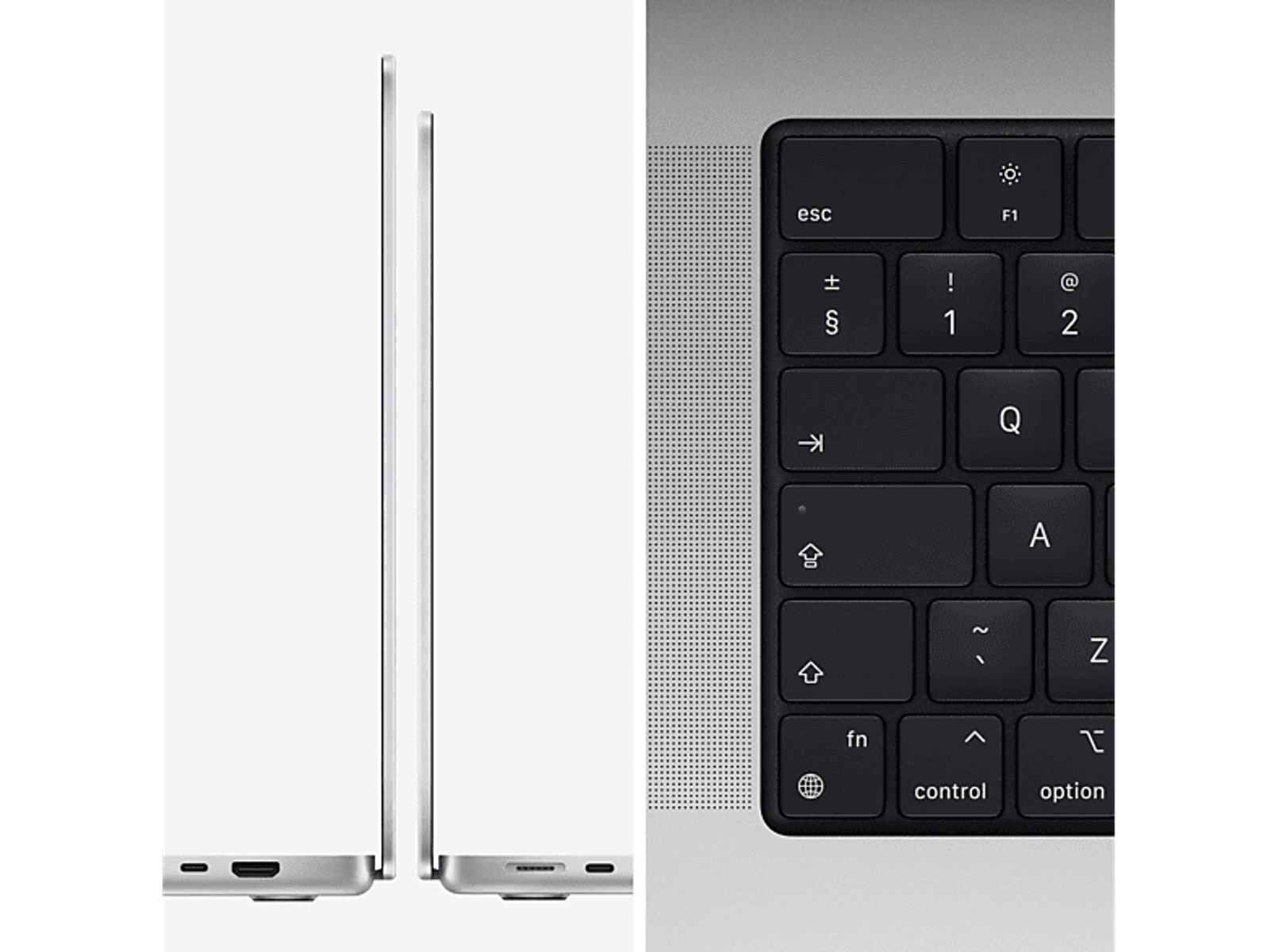 Laptop from the side and keyboard, black keys.
