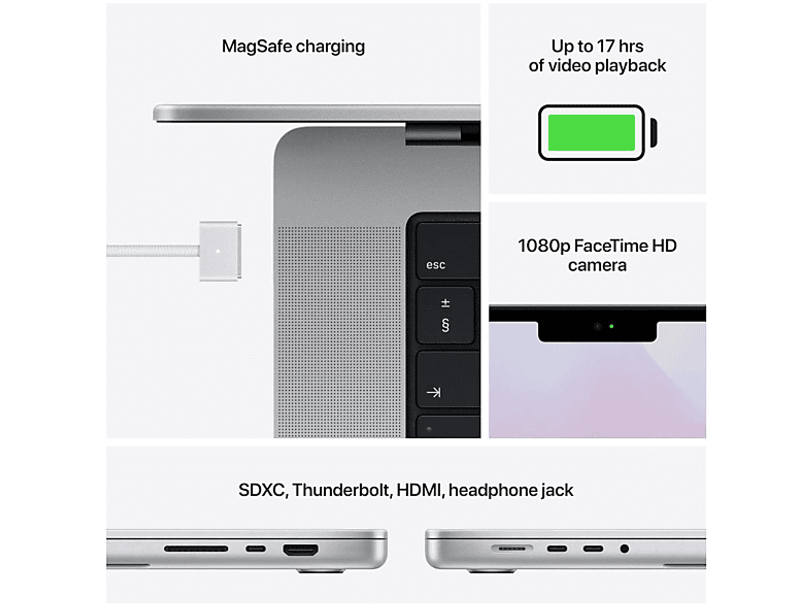 Close-up of a laptop with charging and ports details. It also shows a camera and battery information.