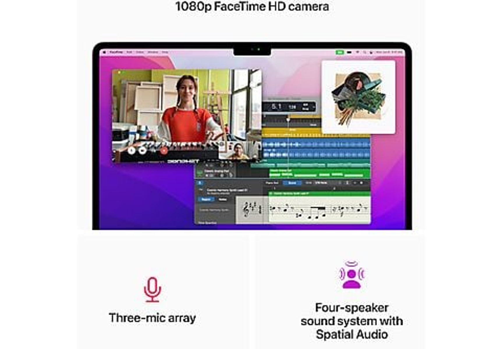 Schermo del laptop che mostra videochiamata e editing musicale. Dispone di un array di microfoni e altoparlanti.