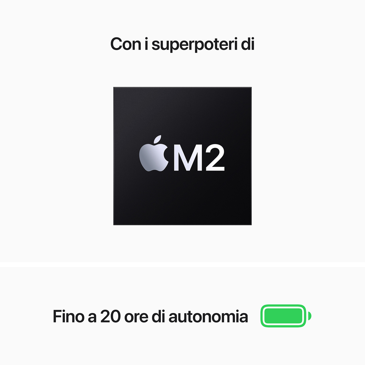 Un logo del chip Apple M2 su sfondo nero. Un'icona della batteria indica fino a 20 ore di autonomia.