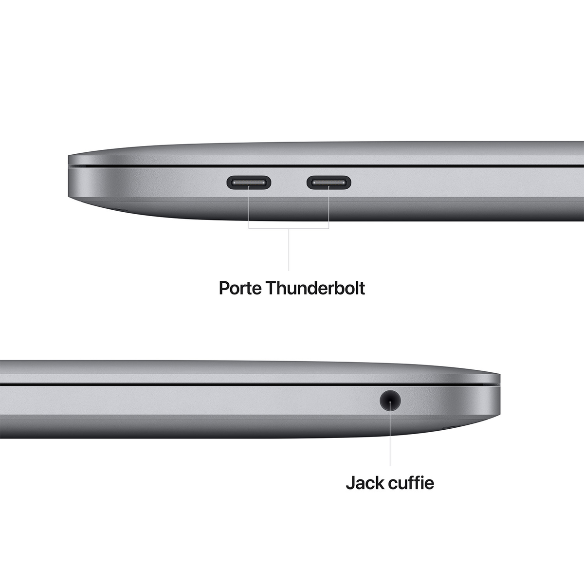 Primo piano del lato di un laptop. Porte: Thunderbolt e Jack cuffie.