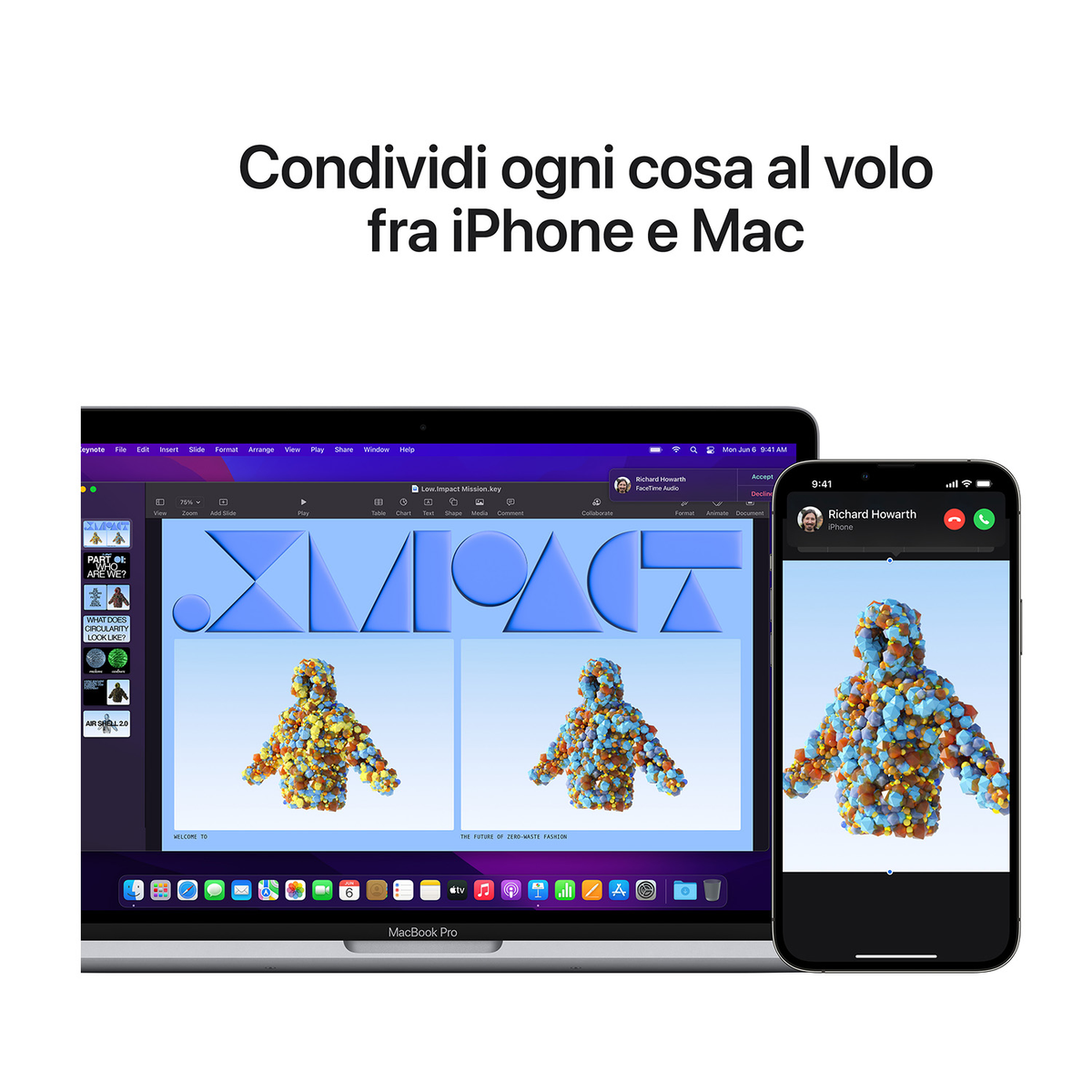 Laptop e telefono mostrano la stessa immagine, con testo in italiano. Condivisione di contenuti.