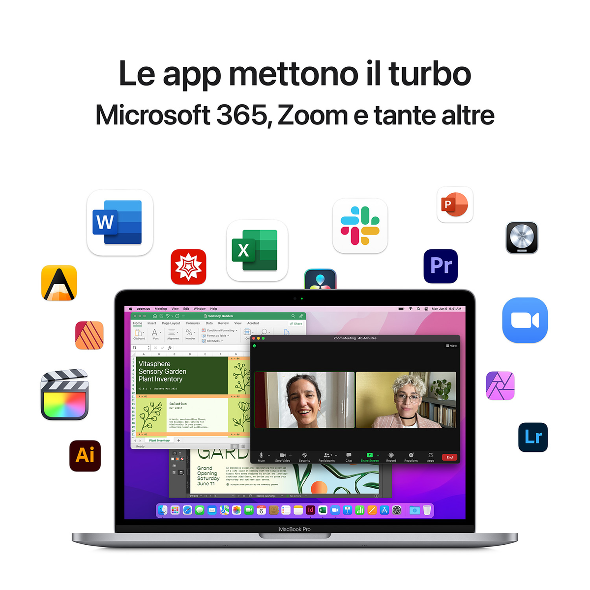 Schermo del laptop con app e interfaccia di riunione Zoom con persone.