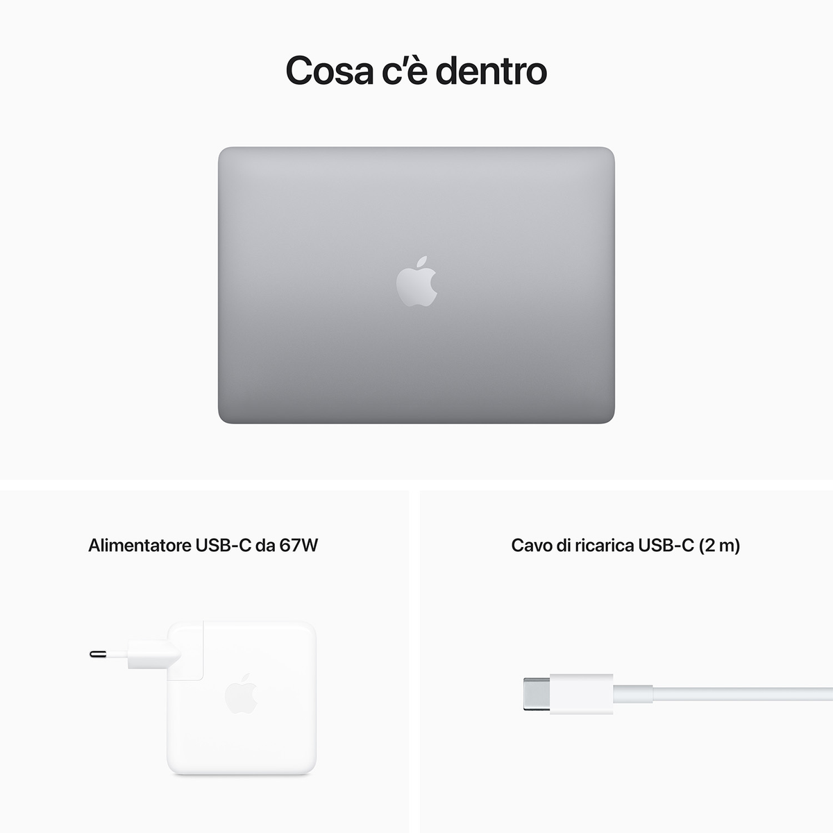 Laptop Apple, caricatore e cavo. Sfondo bianco. Prodotti argento e bianchi. Sovrapposizione di testo.