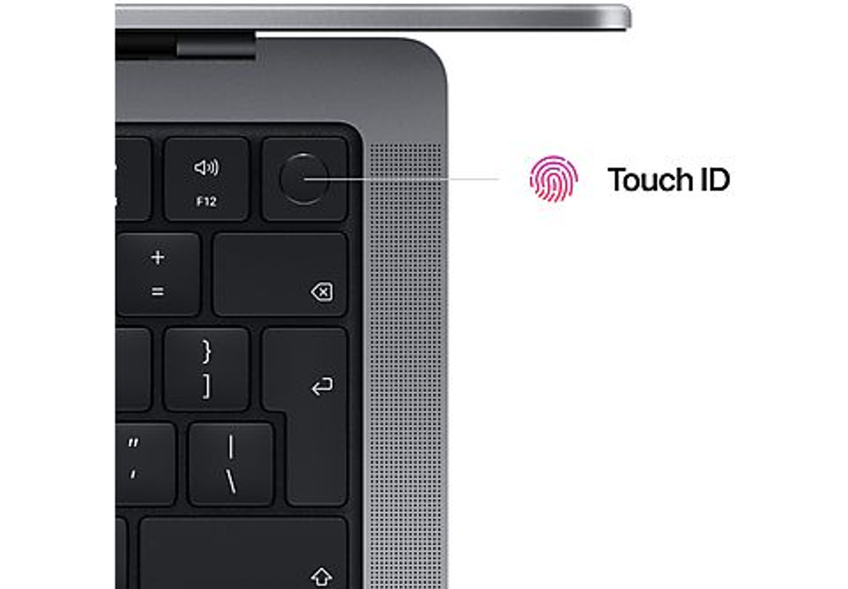 Laptop keyboard corner, Touch ID button and function keys visible.