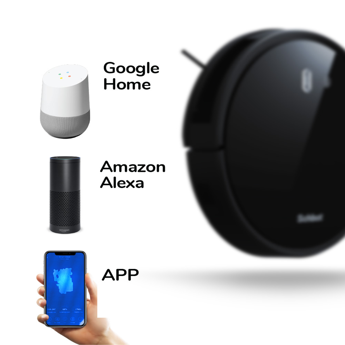 Smart Home-Geräte: Google Home, Amazon Alexa, eine Smartphone-App und ein schwarzer Roboter-Staubsauger.