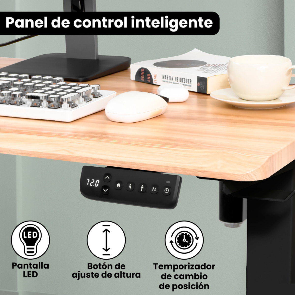 Panel de control de escritorio negro con LED, ajuste de altura y botones de temporizador. Está debajo de un escritorio de madera.