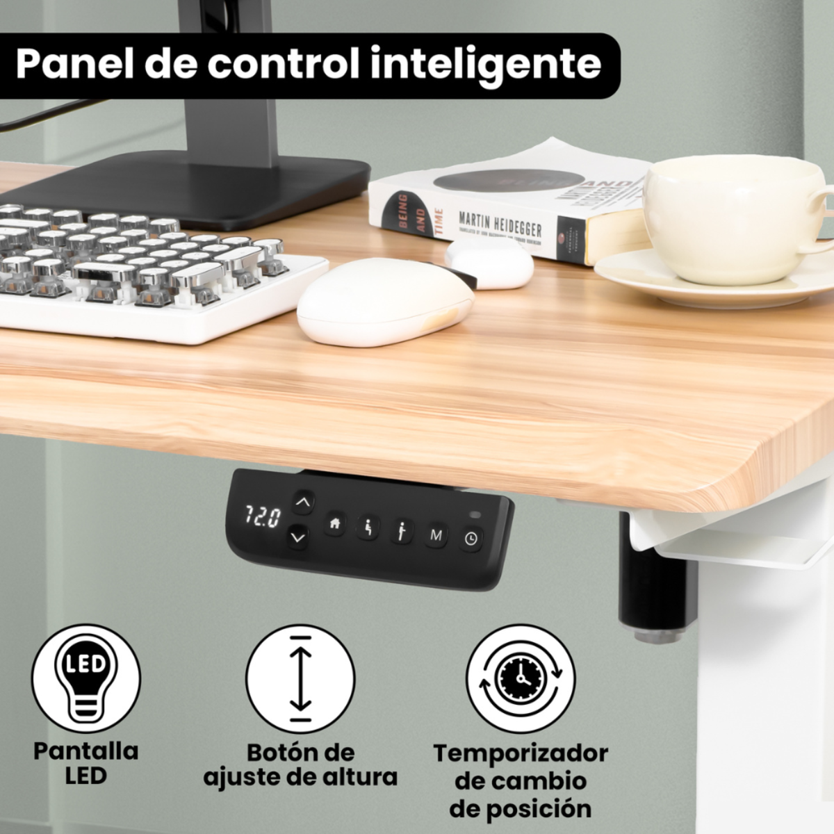 Un panel de control de escritorio con botones para altura, LED y ajuste de temporizador.