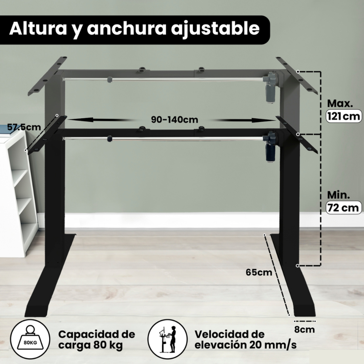 Marco de escritorio de altura ajustable, negro. Las medidas están etiquetadas. Fondo blanco.