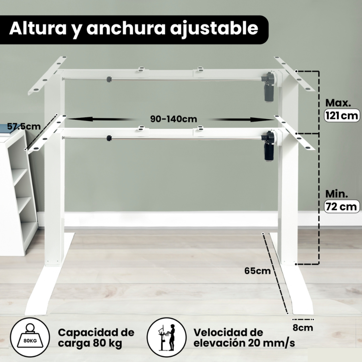 Estructura de escritorio ajustable blanca con medidas. Texto en español. Fondo gris.