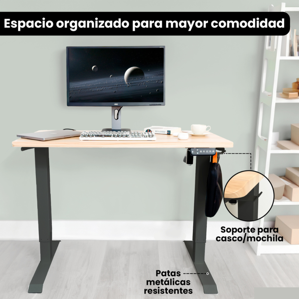 Escritorio de pie moderno con monitor, teclado y accesorios. El escritorio tiene patas metálicas y una tapa de madera.