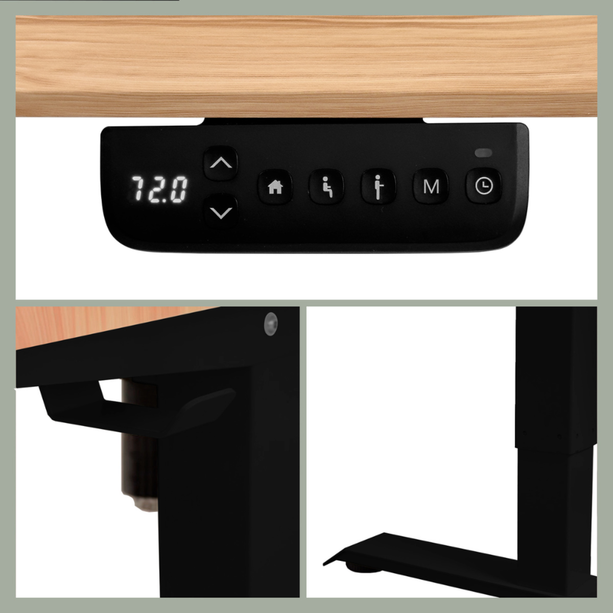 Primer plano de un panel de control negro con botones y pantalla en un escritorio. Se ven la tapa de madera y las patas negras.
