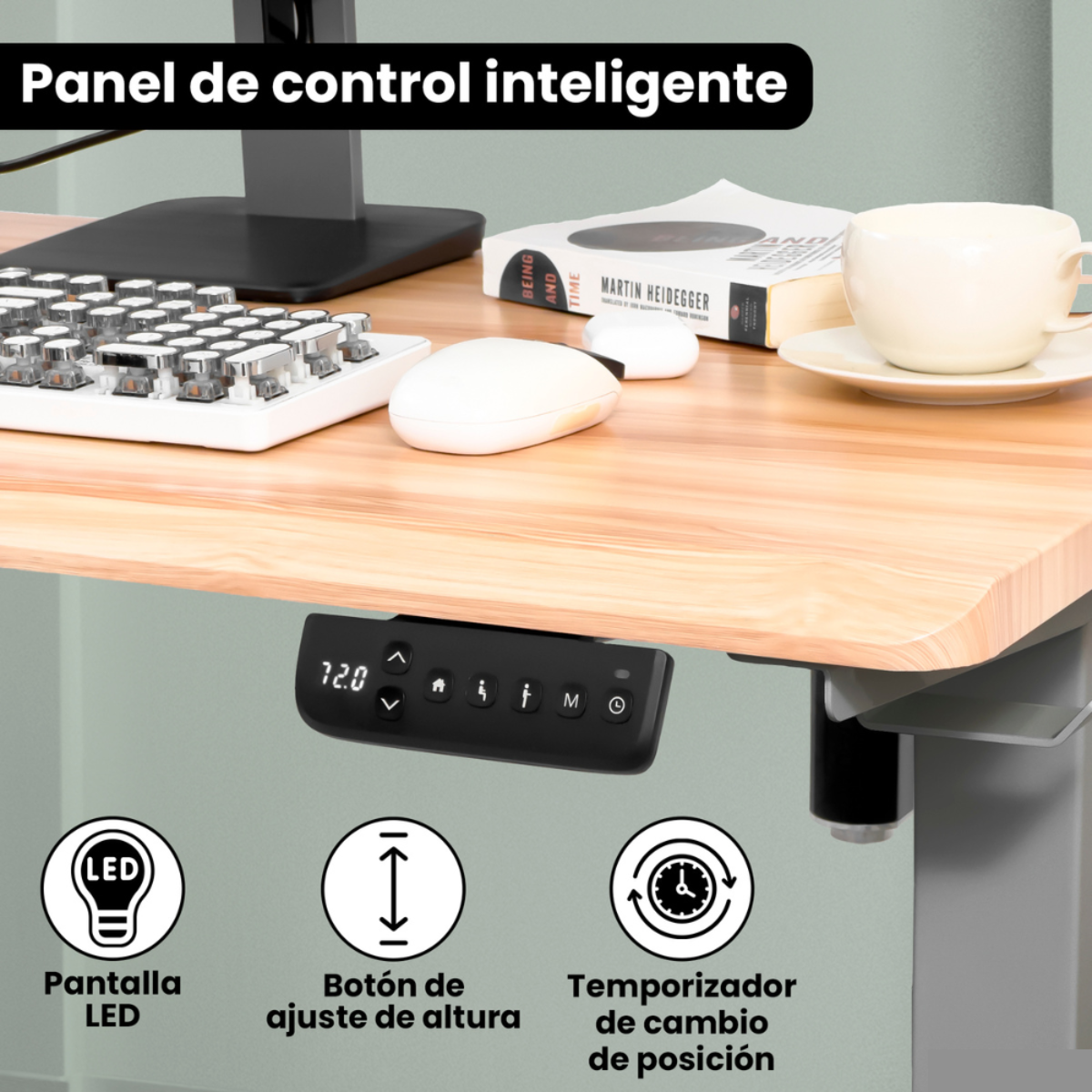 Se muestra un panel de control de escritorio con pantalla LED, ajuste de altura y un temporizador.