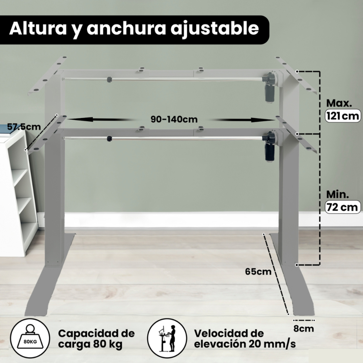 Escritorio de altura y ancho ajustables en gris, con texto.