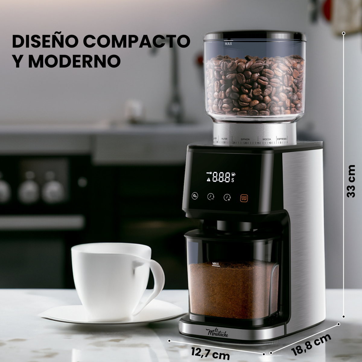 Cafetera con granos y recipientes de café molido. Medidas indicadas en el lateral.
