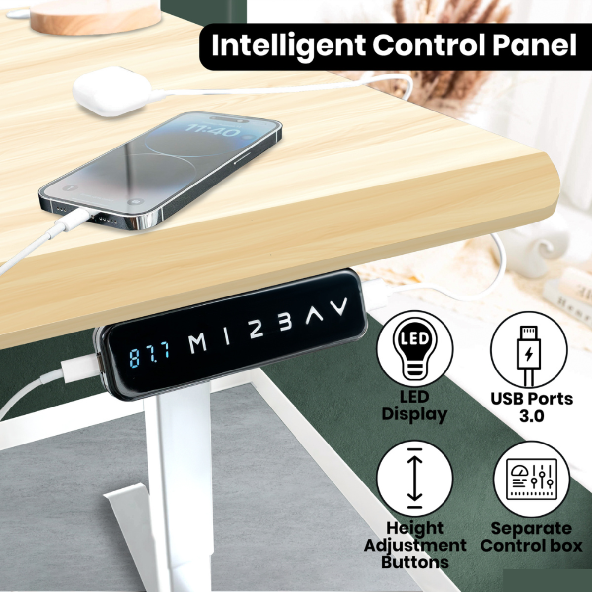 Un escritorio con un teléfono cargando, un panel de control e iconos para pantalla LED y puertos USB.