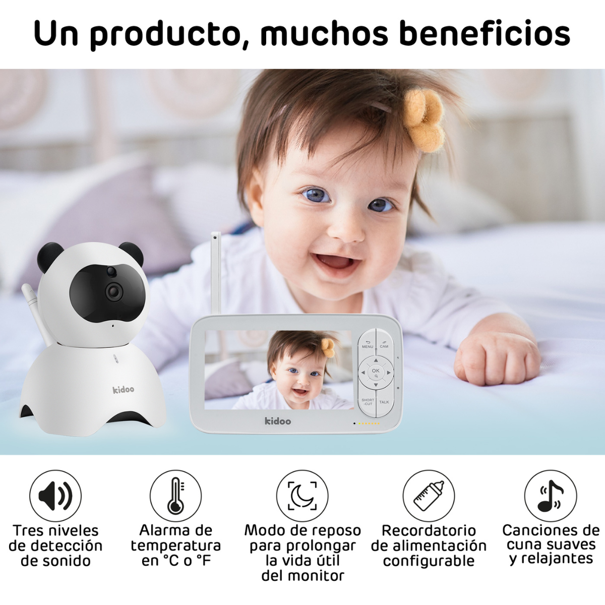 Un monitor para bebés con un bebé en la pantalla e iconos con texto en español. Un bebé sonríe.