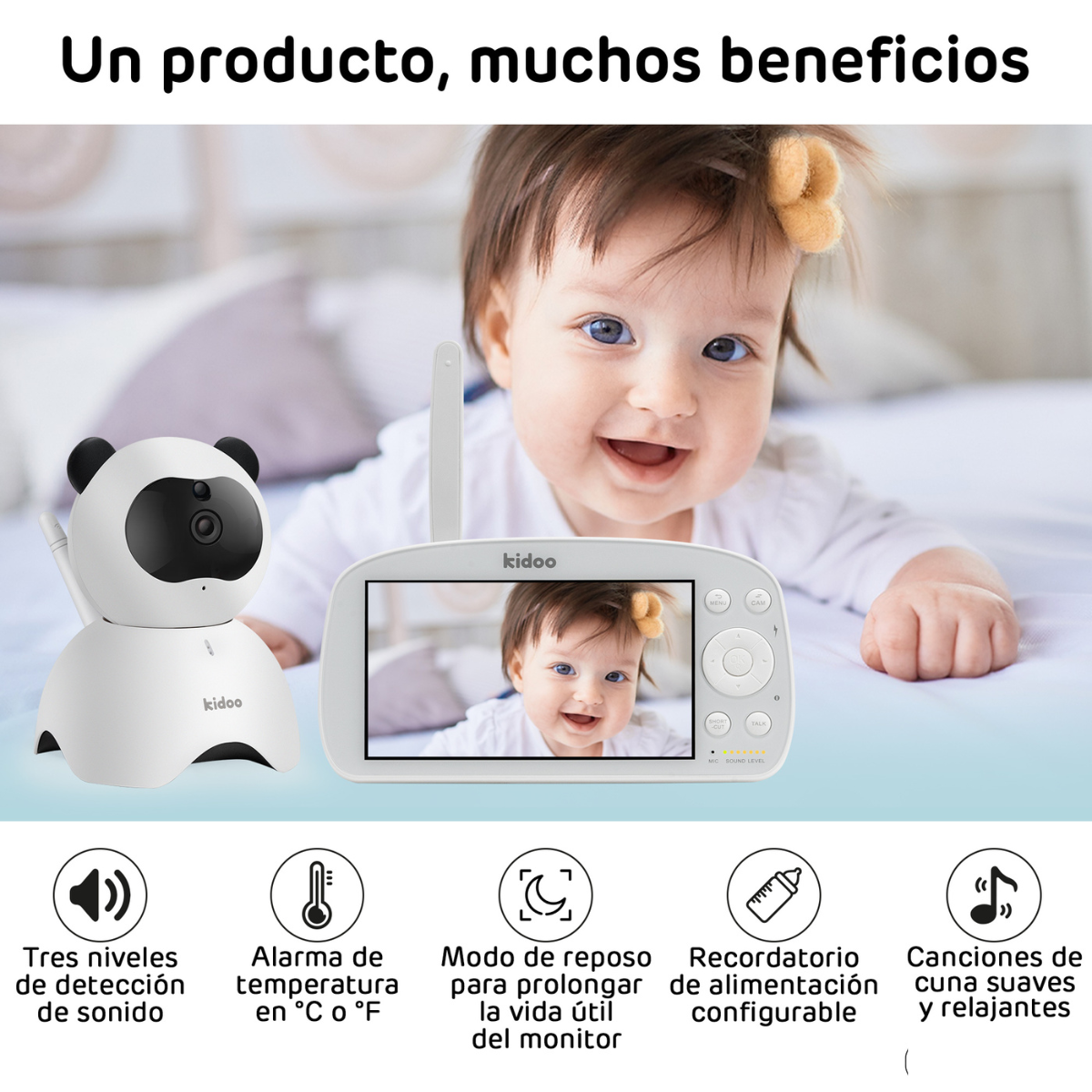 Un monitor para bebés muestra la imagen de un bebé, con iconos de sonido, temperatura, modo reposo y nanas.