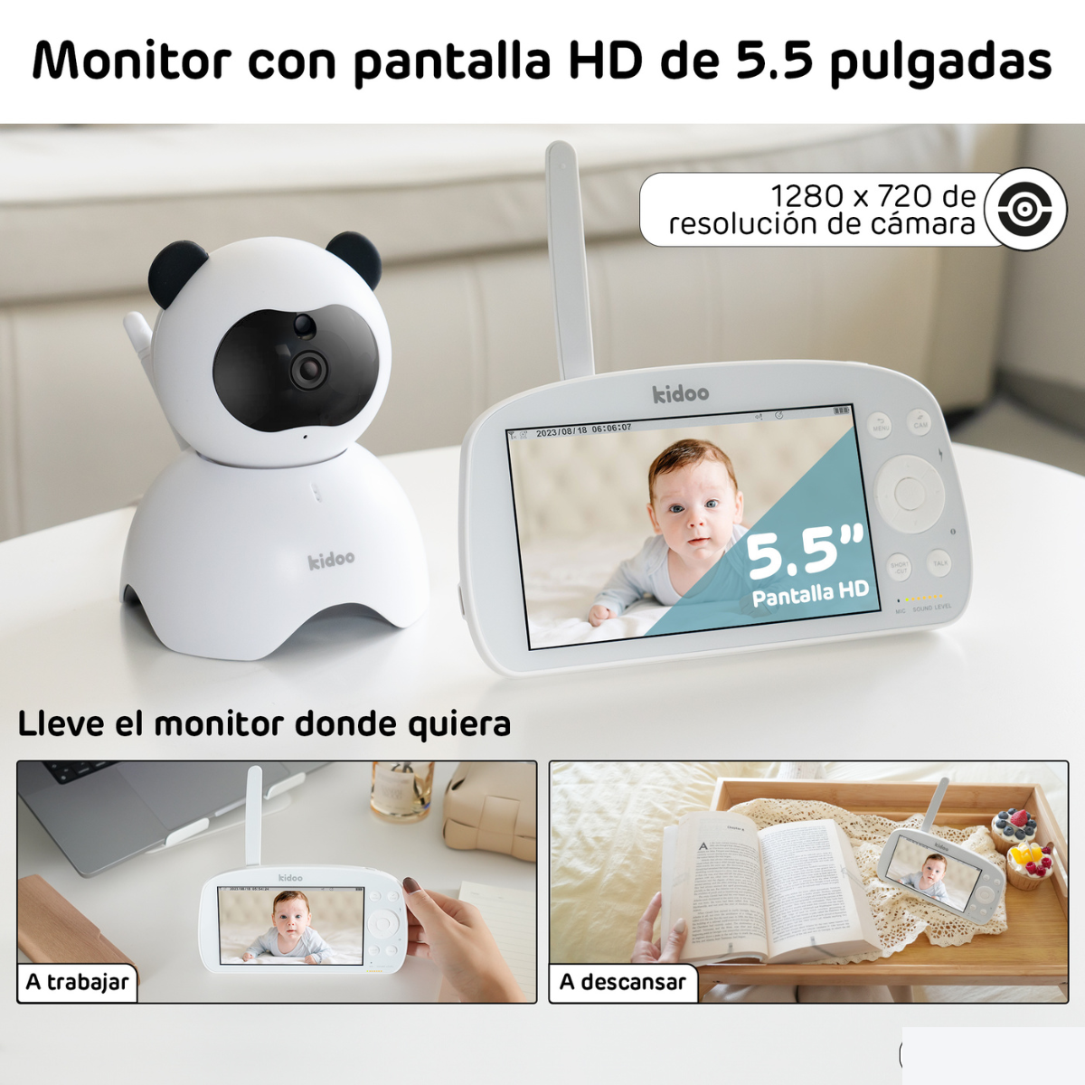 Vigilabebés con bebé en pantalla, cámara con forma de panda y escenarios de uso adicionales.