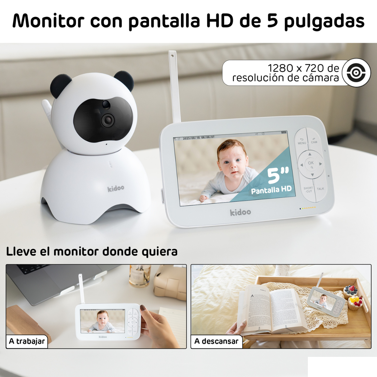 Un monitor para bebés con una cámara con forma de panda y una pantalla que muestra a un bebé.
