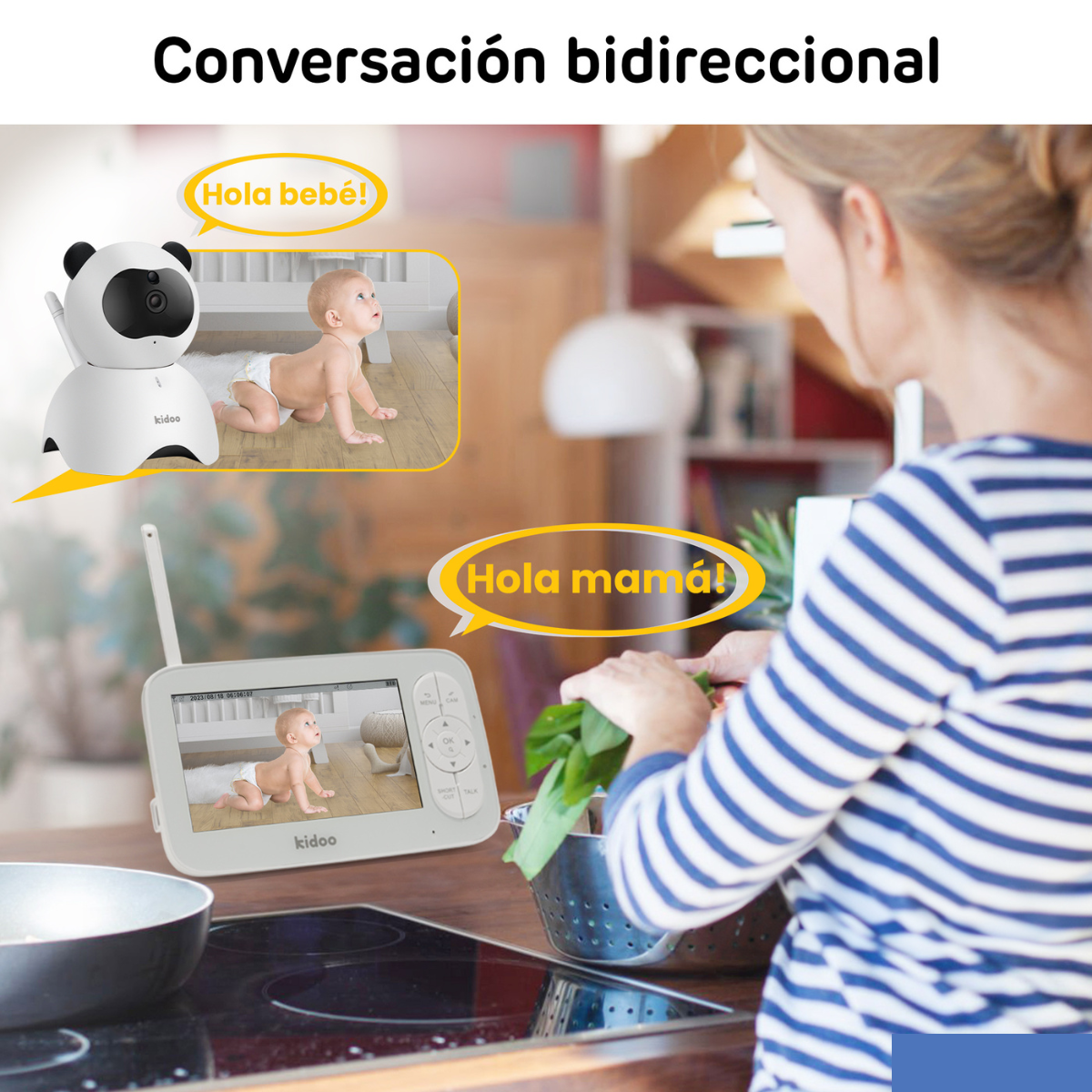 Vigilabebés con un bebé y una mujer al fondo. Texto en bocadillos.