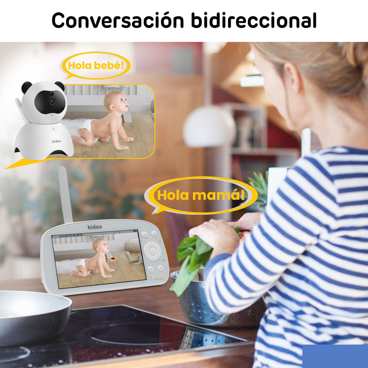 Vigilabebés con cámara y pantalla. Bebé en cuna con bocadillos de diálogo.