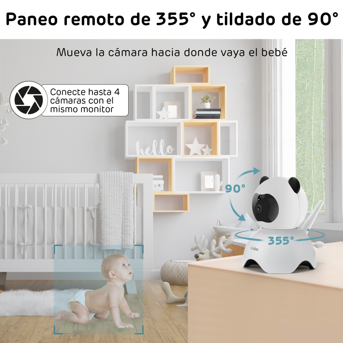 Un vigilabebés con cámara y un bebé en una cuna. La cámara tiene giro de 355° e inclinación de 90°.