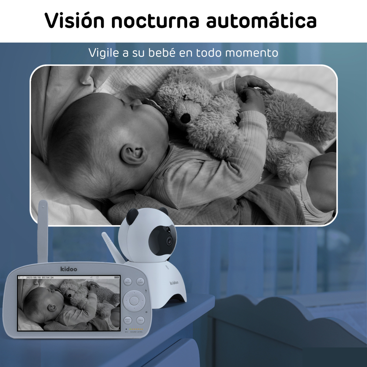 Vigilabebés mostrando un bebé durmiendo con un oso de peluche. Monitor y cámara visibles. Visión nocturna activa.