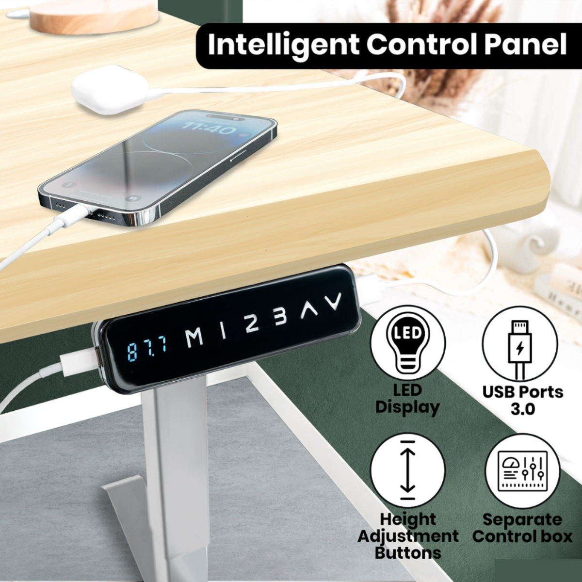 Primer plano de un escritorio con un teléfono cargando, mostrando un panel de control inteligente con botones y pantalla.