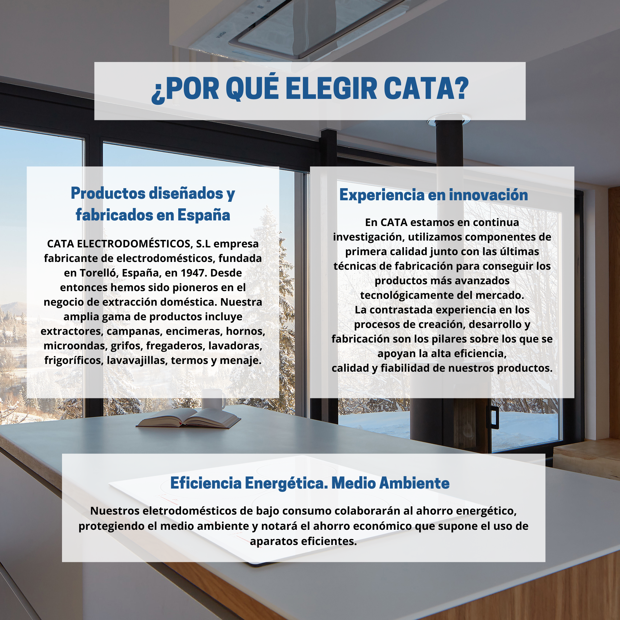 Tekst na tle okna o produktach Cata, designie, innowacjach i efektywności energetycznej.