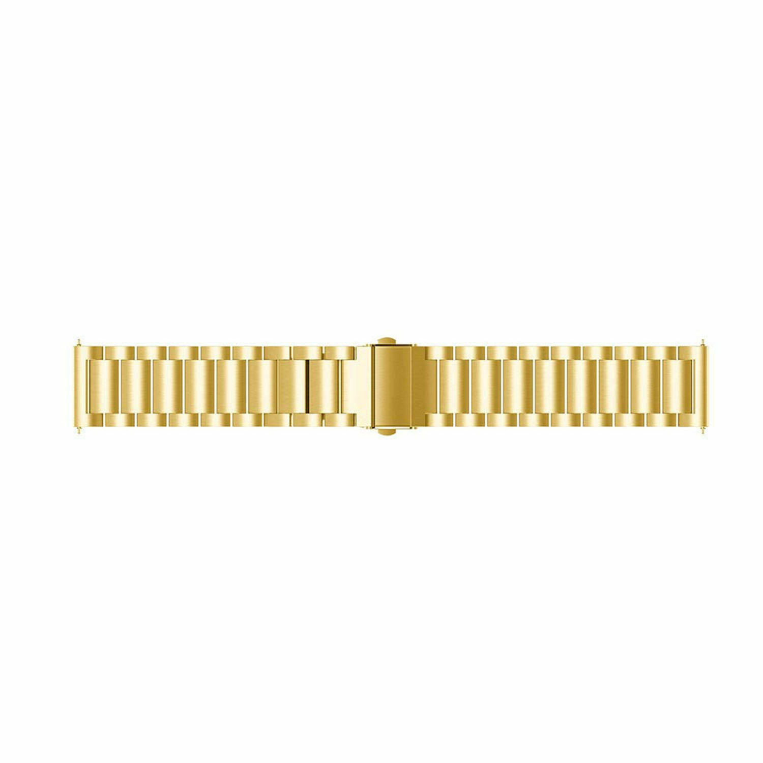 Goldenes Uhrenarmband, flach, verbunden. Metallisch. Weißer Hintergrund.