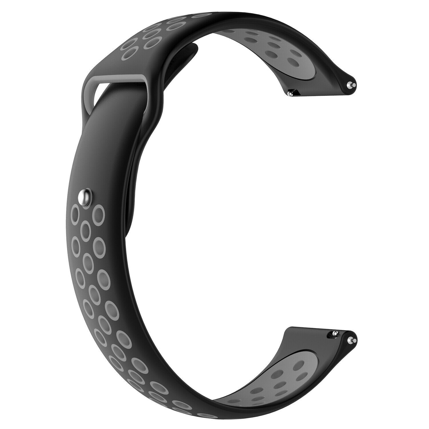 Schwarzes Uhrenarmband. Hat graue Akzente mit kleinen Löchern. Geschwungene Form. Aus Gummi.