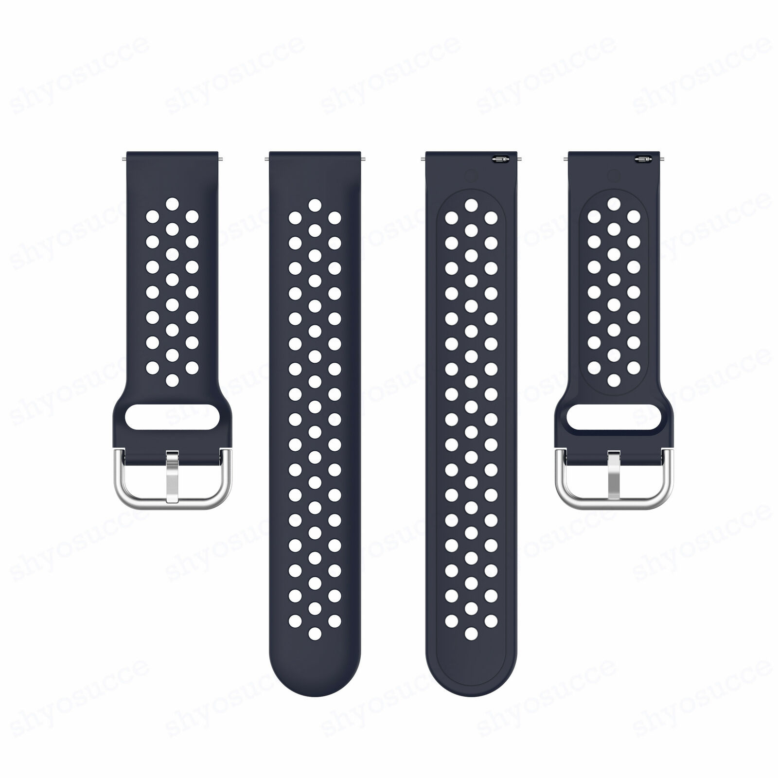 Zwei Paare dunkelblauer Uhrenarmbänder mit weißen Löchern und silbernen Schnallen.