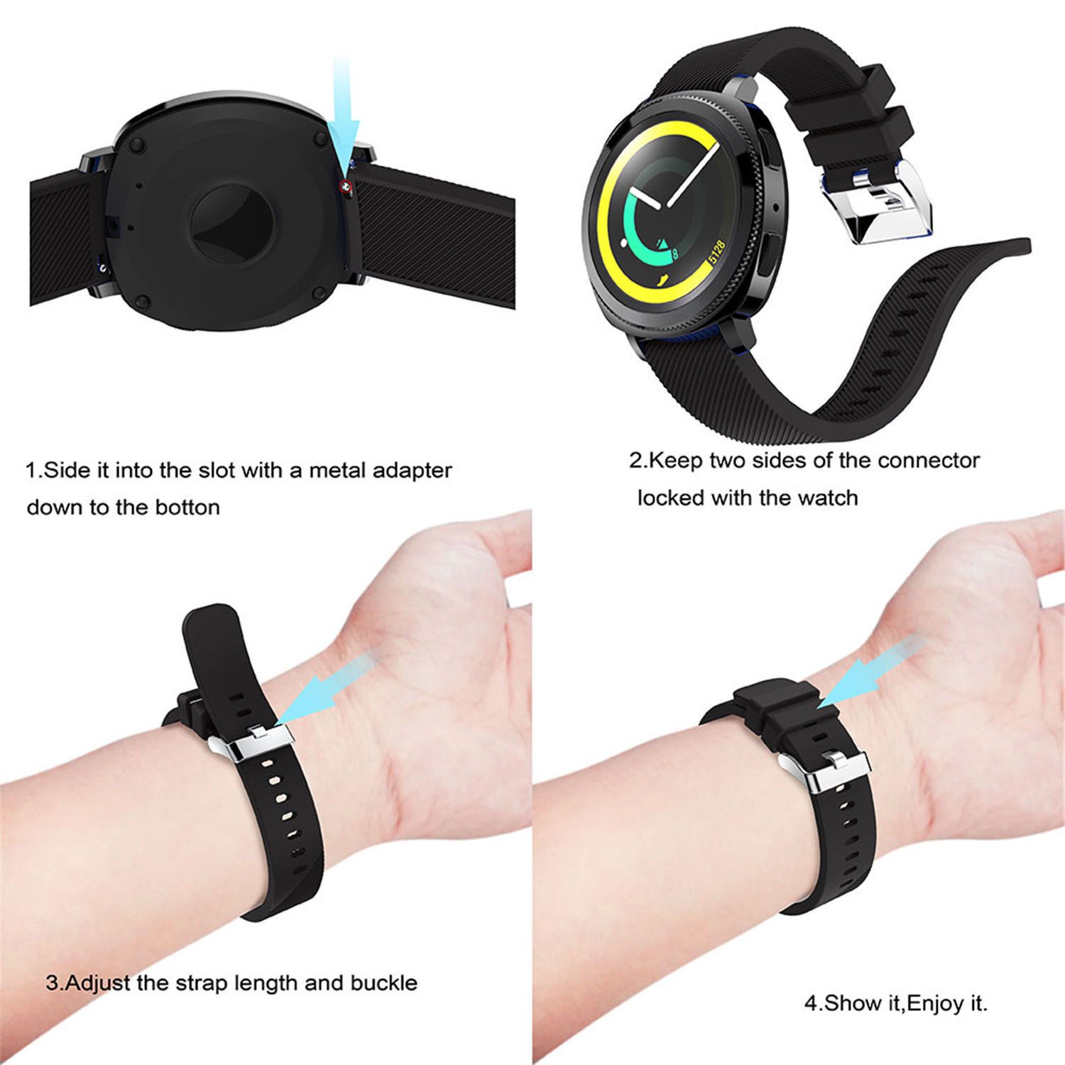 Schritte zur Installation eines Uhrenarmbands am Handgelenk, mit Textanweisungen.