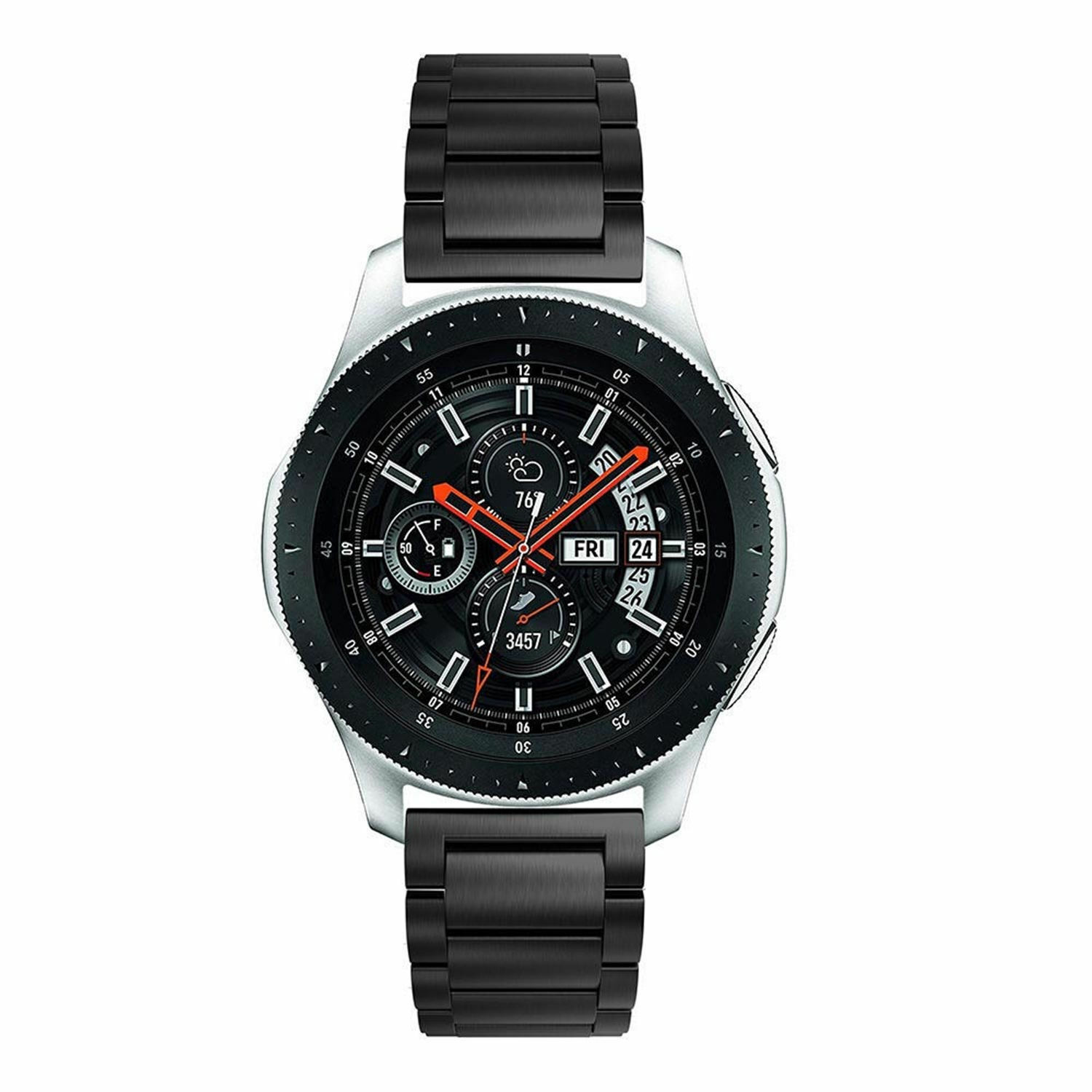 Silber-schwarze Smartwatch mit Digitalanzeige und schwarzem Metallarmband.