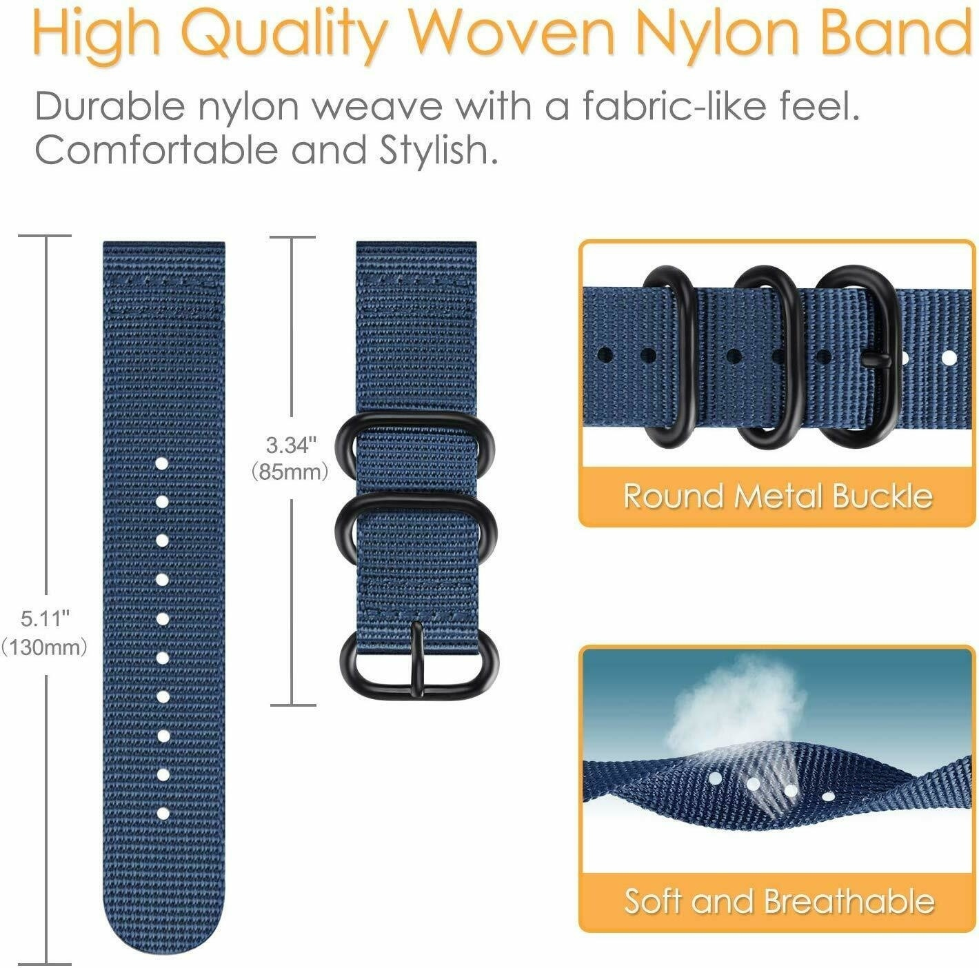 Blaues Nylon-Uhrenarmband mit Schnalle. Enthält Abmessungen und Details zum Band.