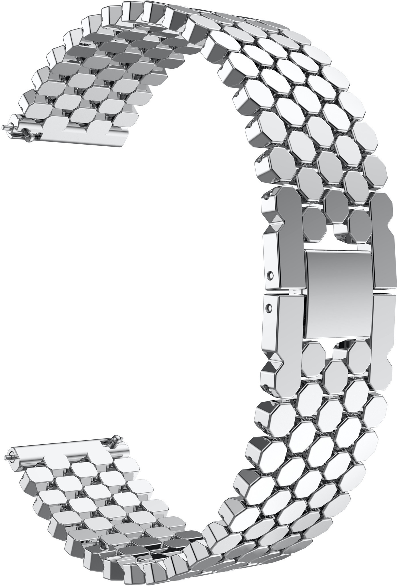 Silbernes Uhrenarmband aus miteinander verbundenen sechseckigen Metallteilen.