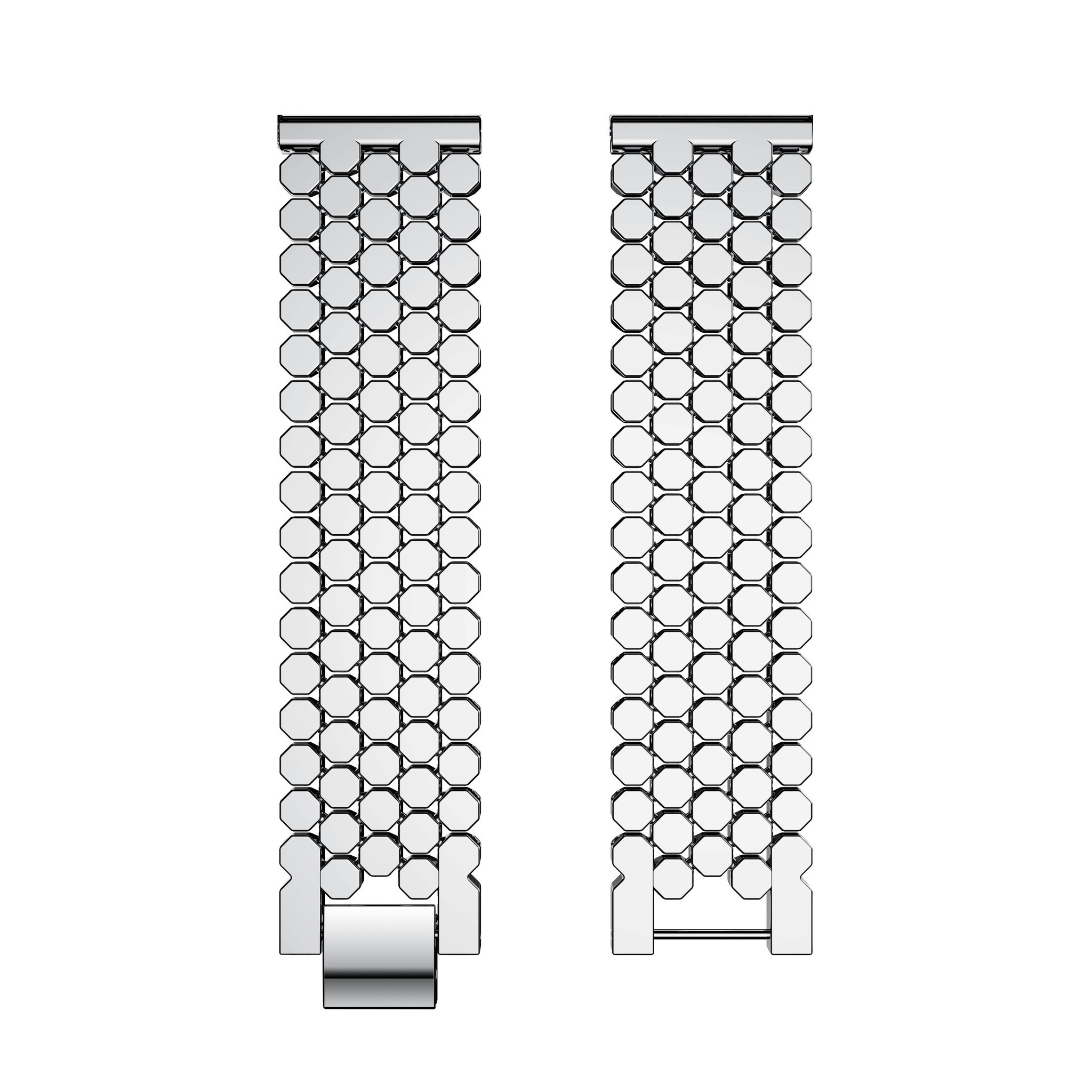 Zwei silberne Uhrenarmbänder mit achteckigen Gliedern, bereit zur Befestigung.