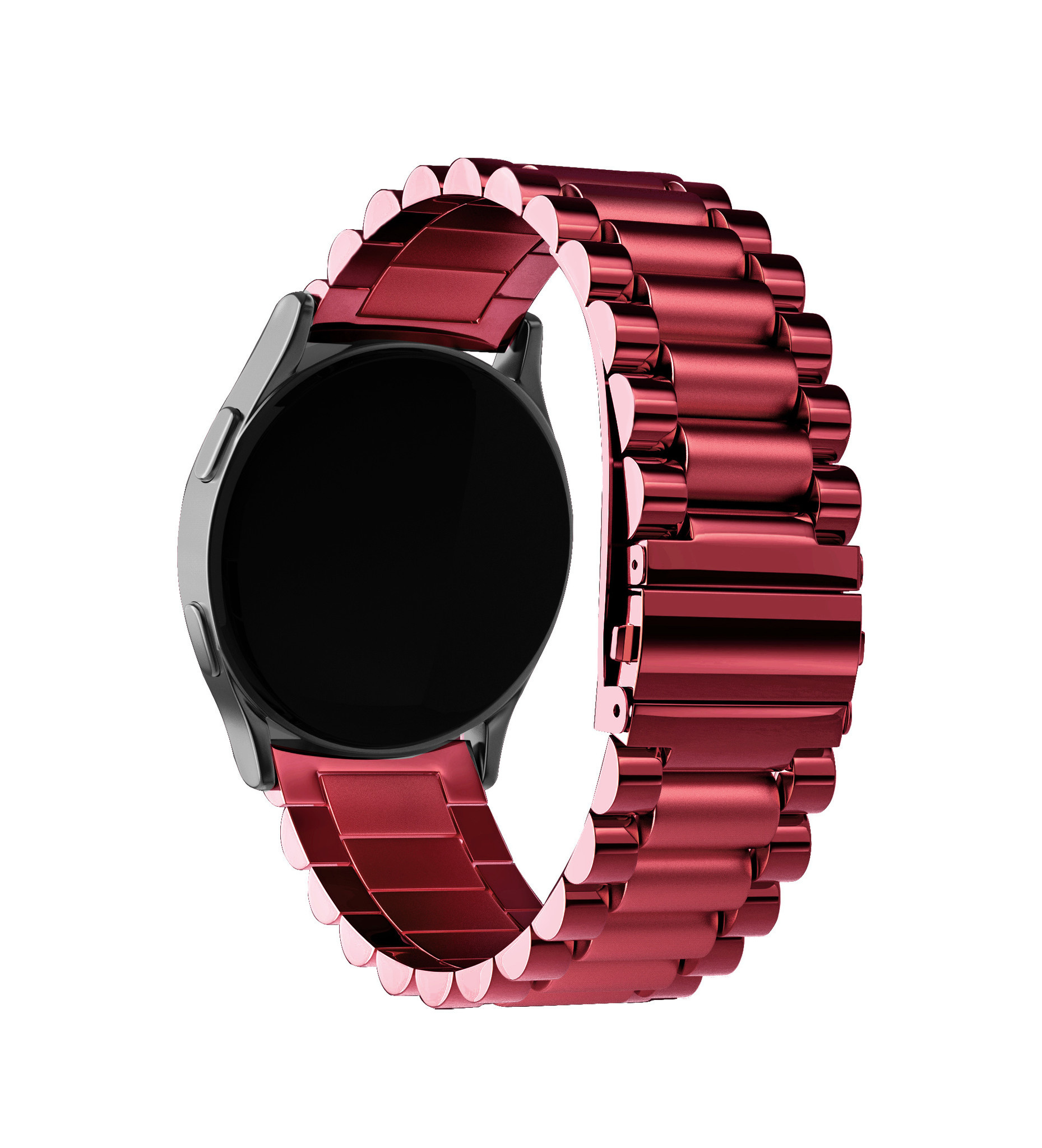 Eine silberne Uhr mit rotem Armband auf weißem Hintergrund.
