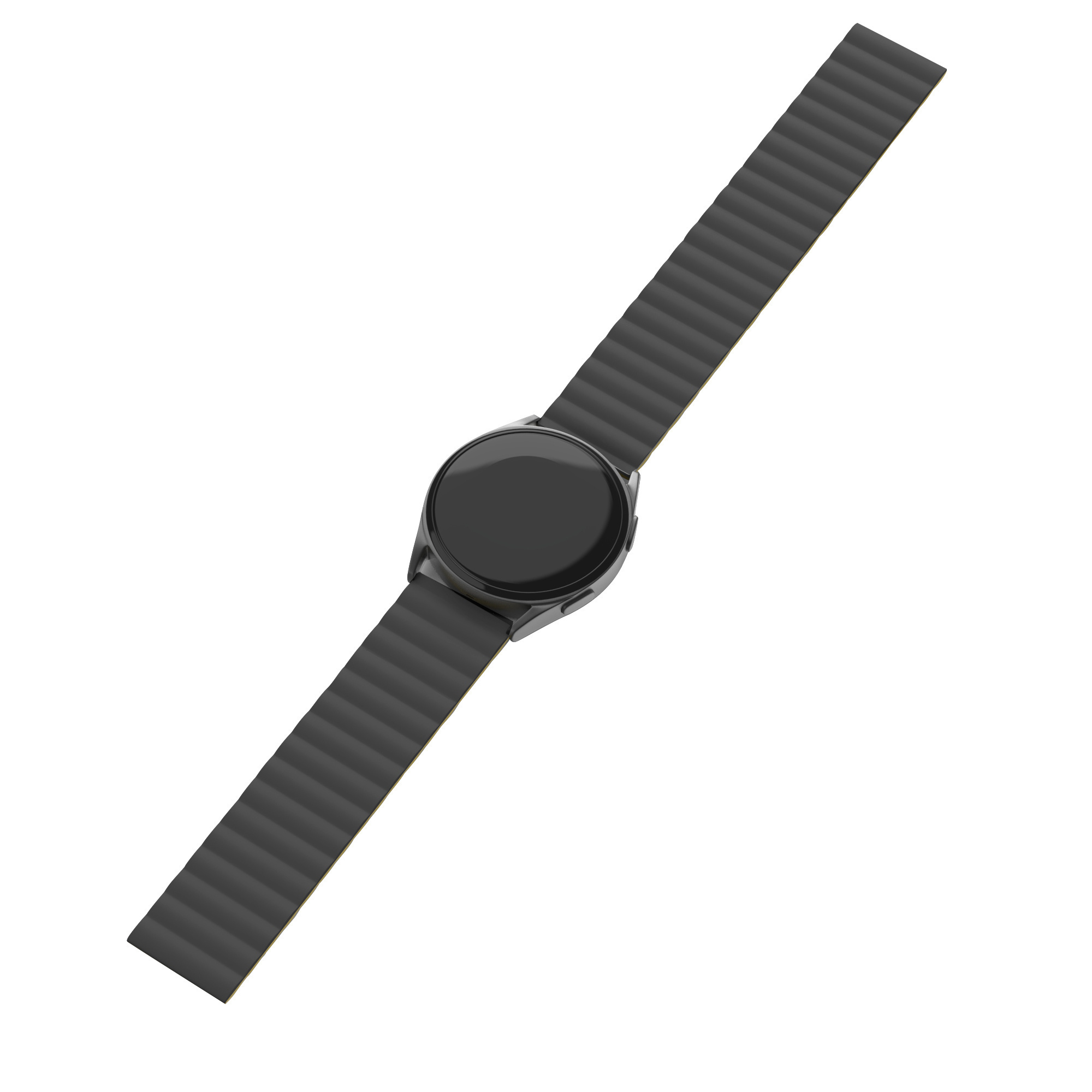 Schwarze Smartwatch mit schwarzem Armband, abgewinkelt auf weißem Hintergrund.