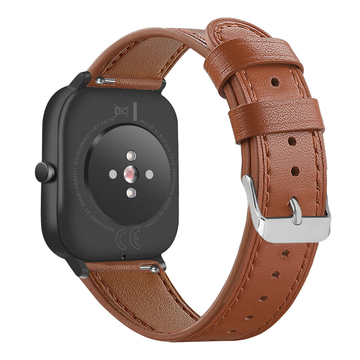 Schwarze Smartwatch mit braunem Lederarmband, zeigt die Rückseite.