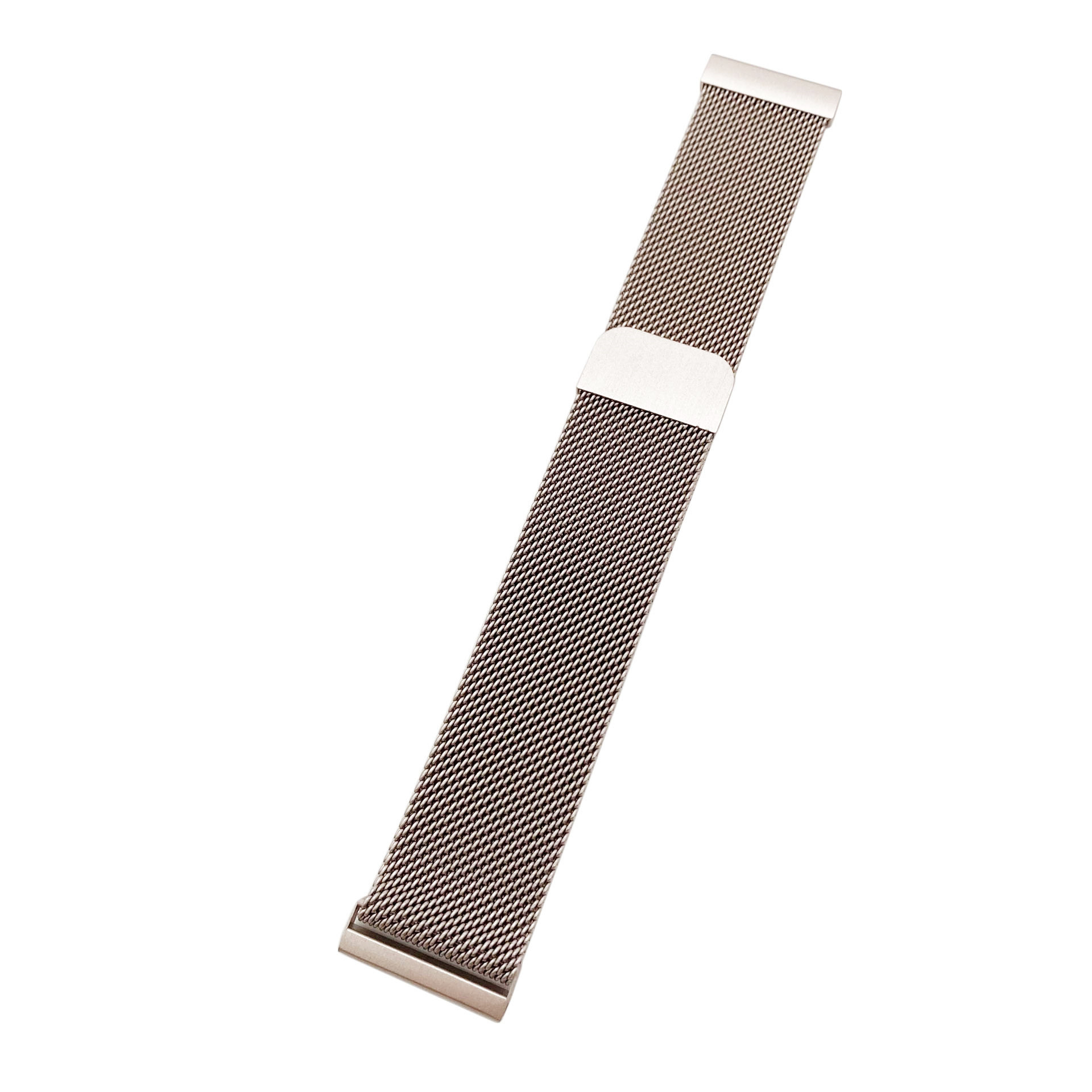 Ein silbernes und Mesh-Uhrenarmband liegt flach auf einer weißen Oberfläche, von oben links nach unten rechts abgewinkelt.