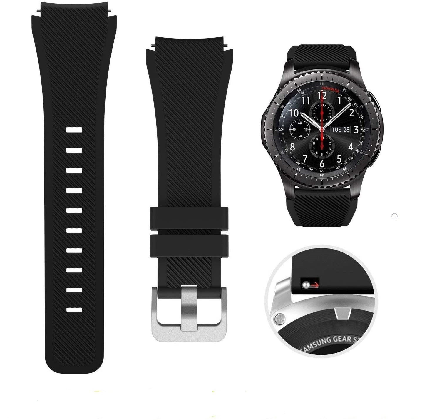 Schwarze Smartwatch und passendes Armband. Das Armband hat eine silberne Schnalle und Löcher.