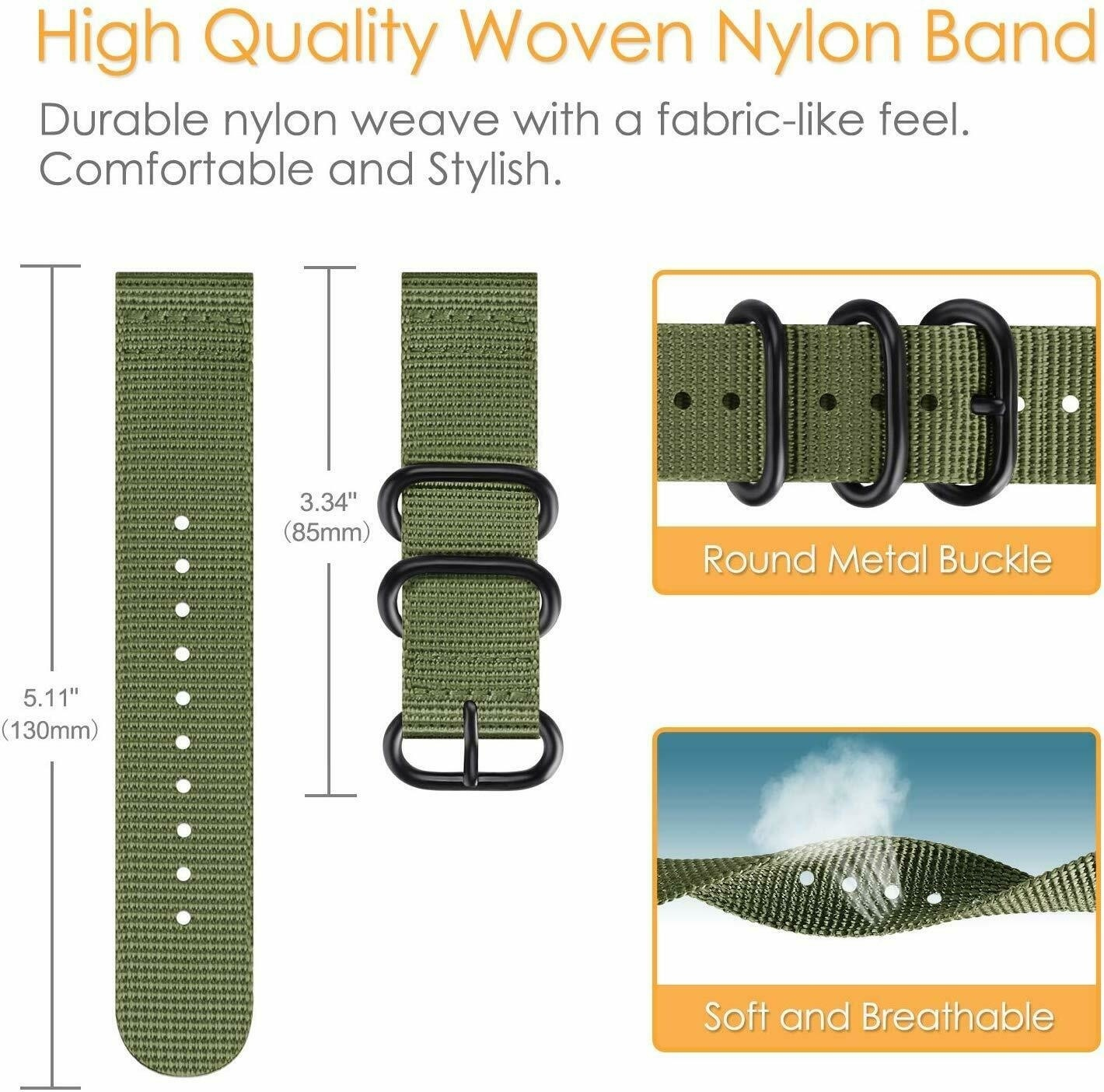 Olivgrünes, gewebtes Nylon-Uhrenarmband. Enthält eine Metallschnalle und Materialdetails.