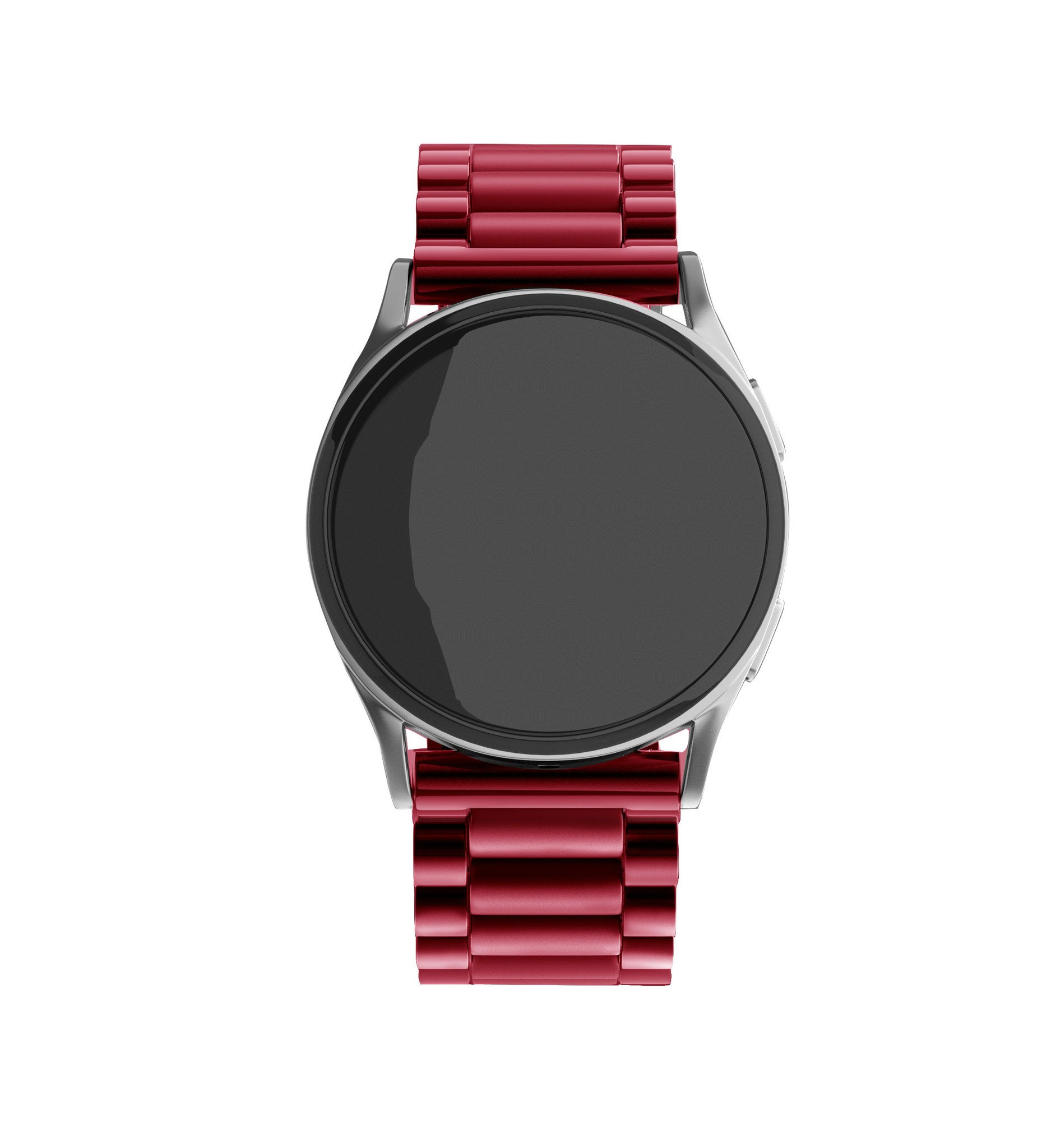 Eine Smartwatch mit einem roten Metallband und einem silbernen Gehäuse auf weißem Hintergrund.