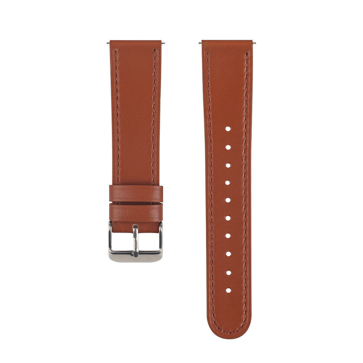Braunes Leder-Uhrenarmband mit silberner Schnalle, von oben gesehen.