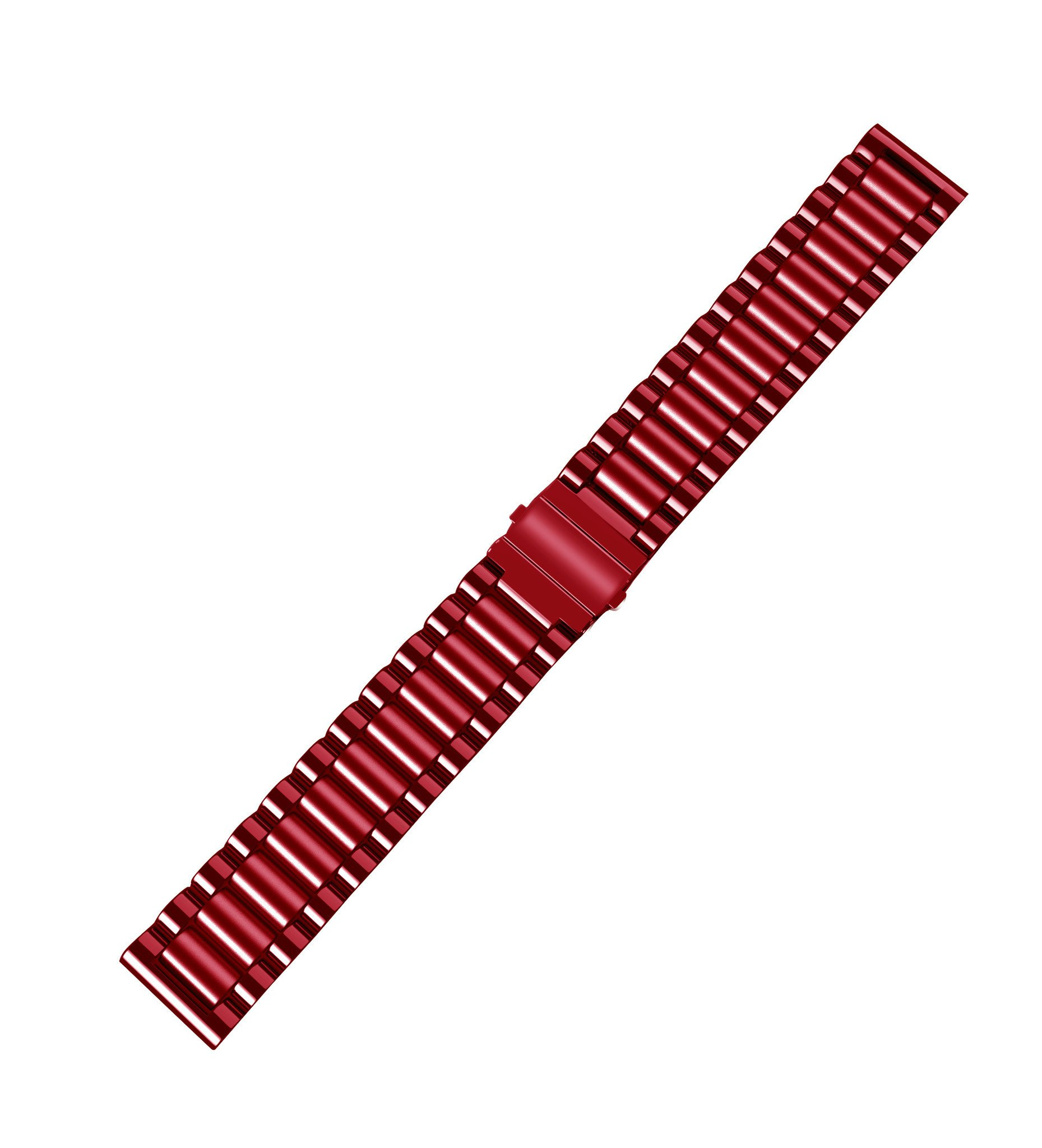 Rotes Metall-Uhrenarmband, schräge Ansicht. Das Armband besteht aus rechteckigen Gliedern.