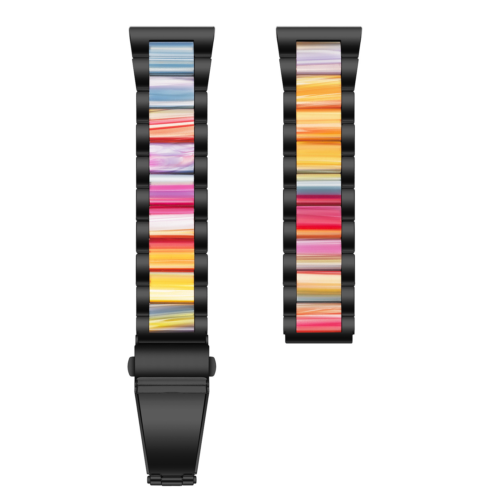 Zwei schwarze Uhrenarmbänder mit bunten vertikalen Streifen. Die Bänder sind schwarz und haben einen Verschluss.