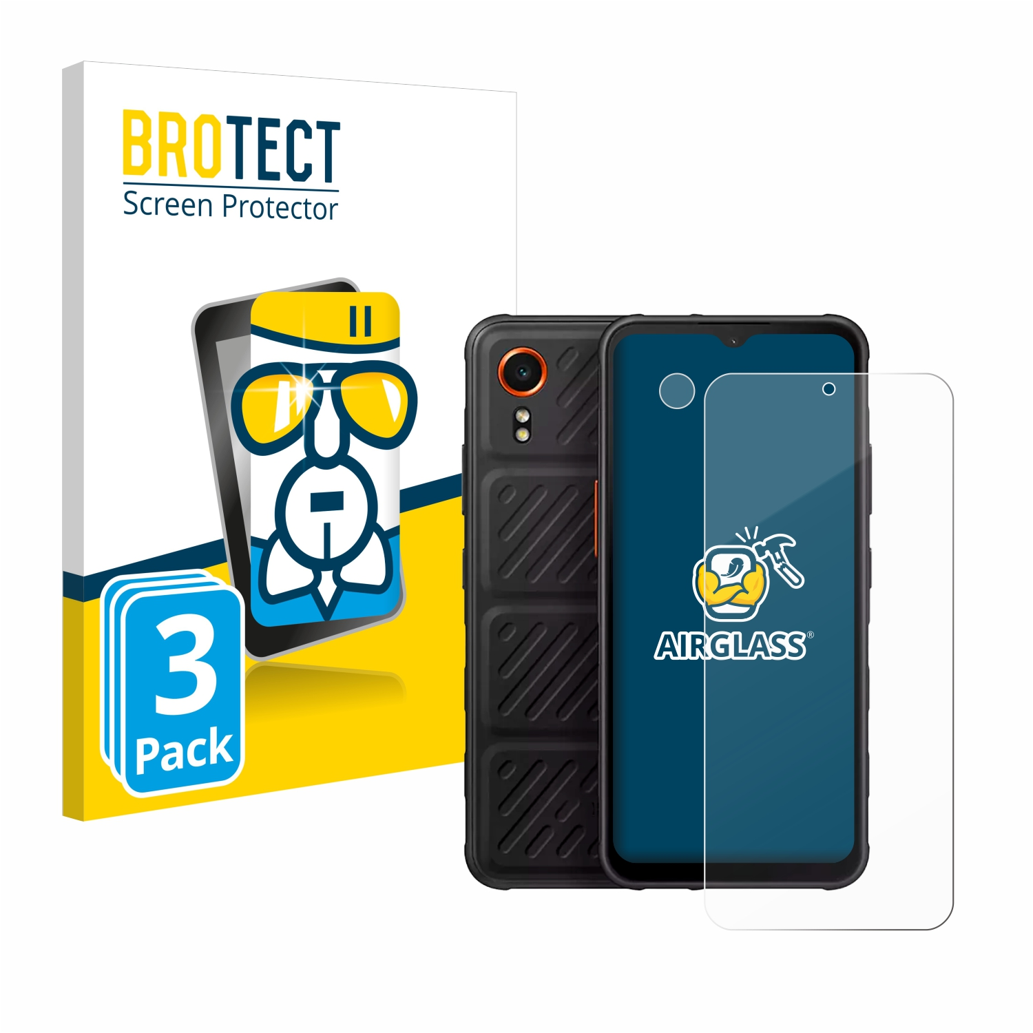 Handy und Displayschutzfolie-Set. Schwarzes Handy, klarer Schutz, weiße Schachtel mit Logo und 3er-Pack-Etikett.