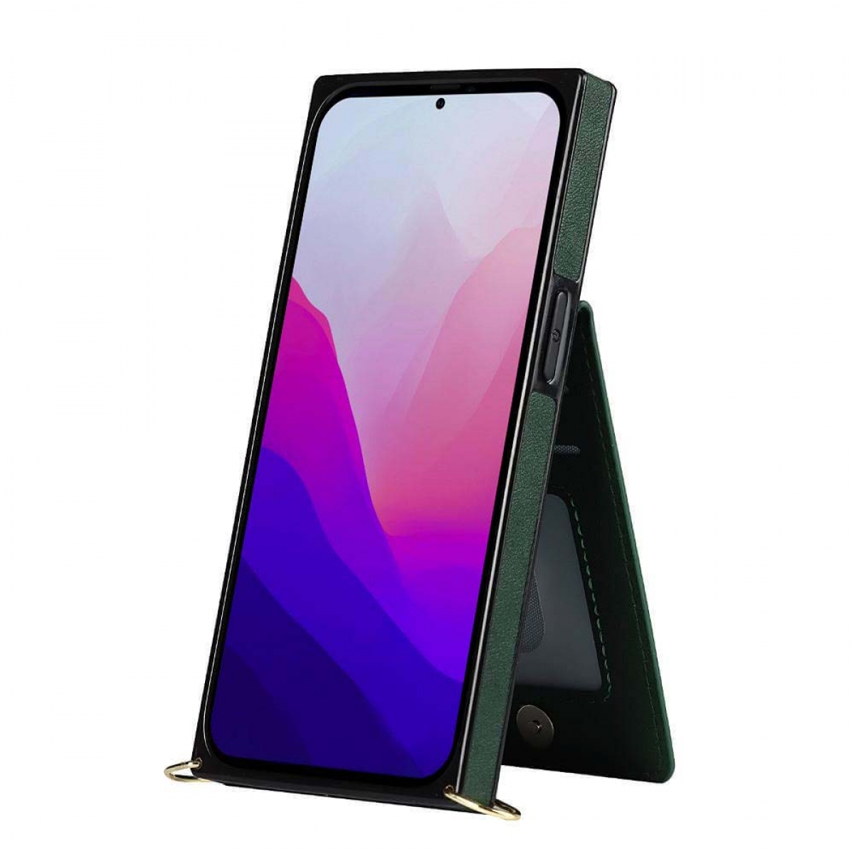 Eine grüne Handyhülle ist aufgestellt. Das Telefon zeigt ein lila-blaues Bild. Es gibt einen Kartensteckplatz.